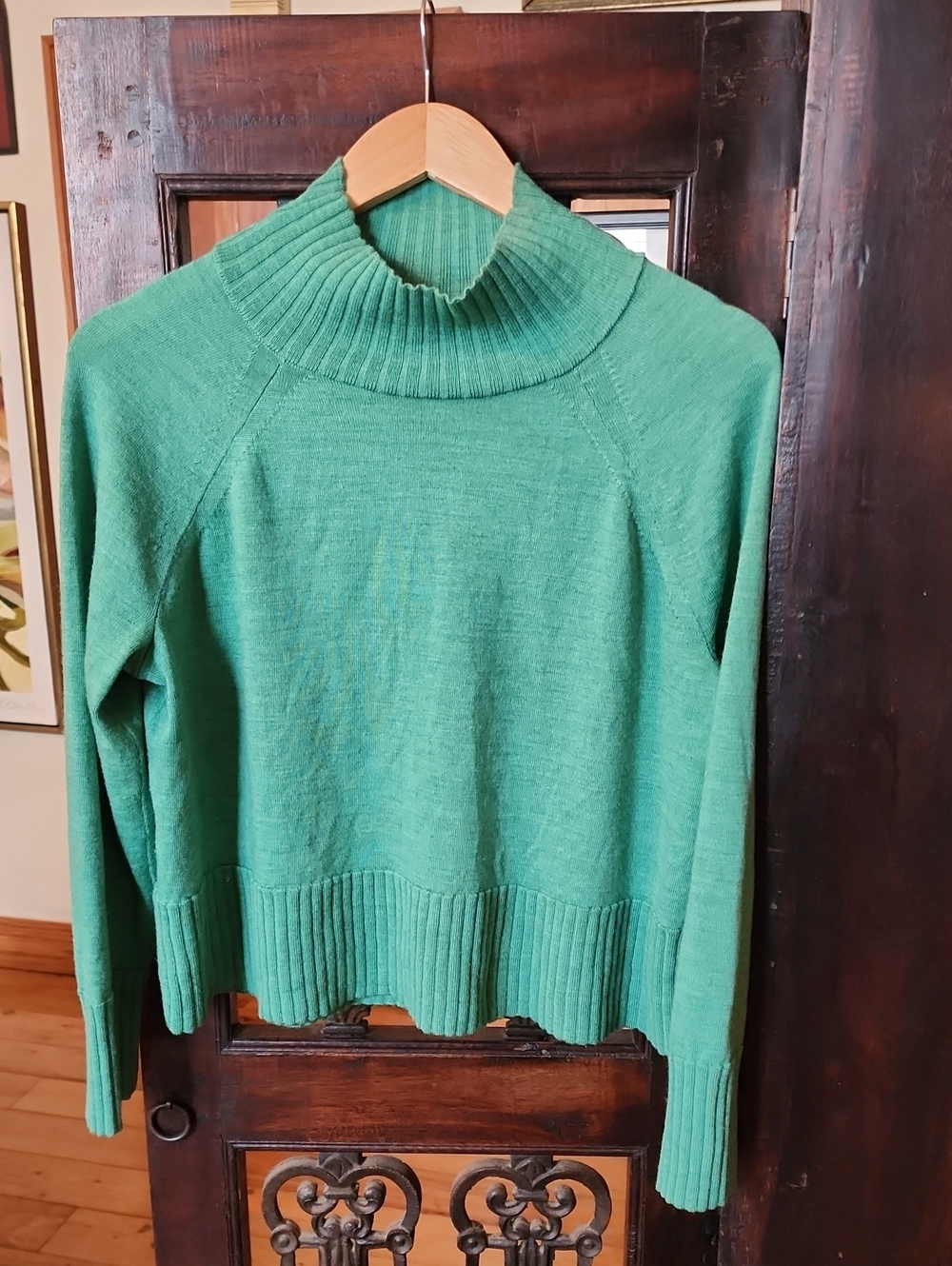 Eileen Fisher Emerald Green Ribbed Merino Wool Mock Neck Sweater, Boxy Fit, M